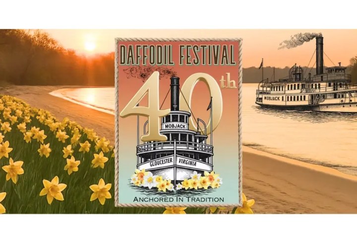 40th Daffodil Festival poster with steamboat and daffodils on riverbank at sunset.