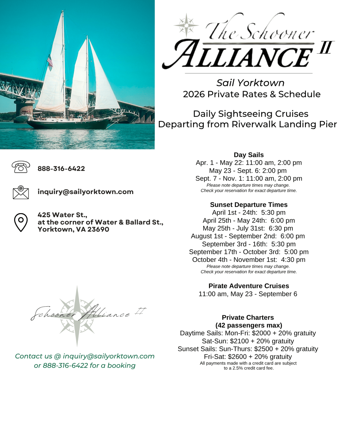 Schooner Alliance brochure with sailing schedule and contact info, featuring sailboat image and logo.