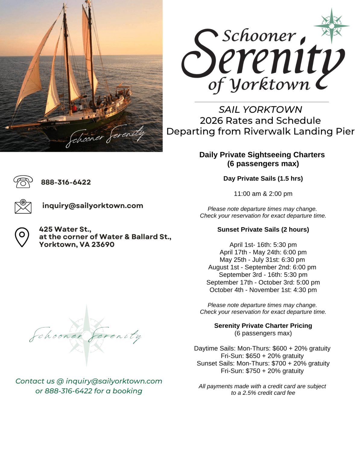 Flyer for Schooner Serenity sailing tours in Yorktown, detailing rates and schedules with contact info.
