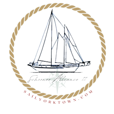 Sailboat sketch inside rope circle, text below: Schooner Alliance II, sailyorktown.com.